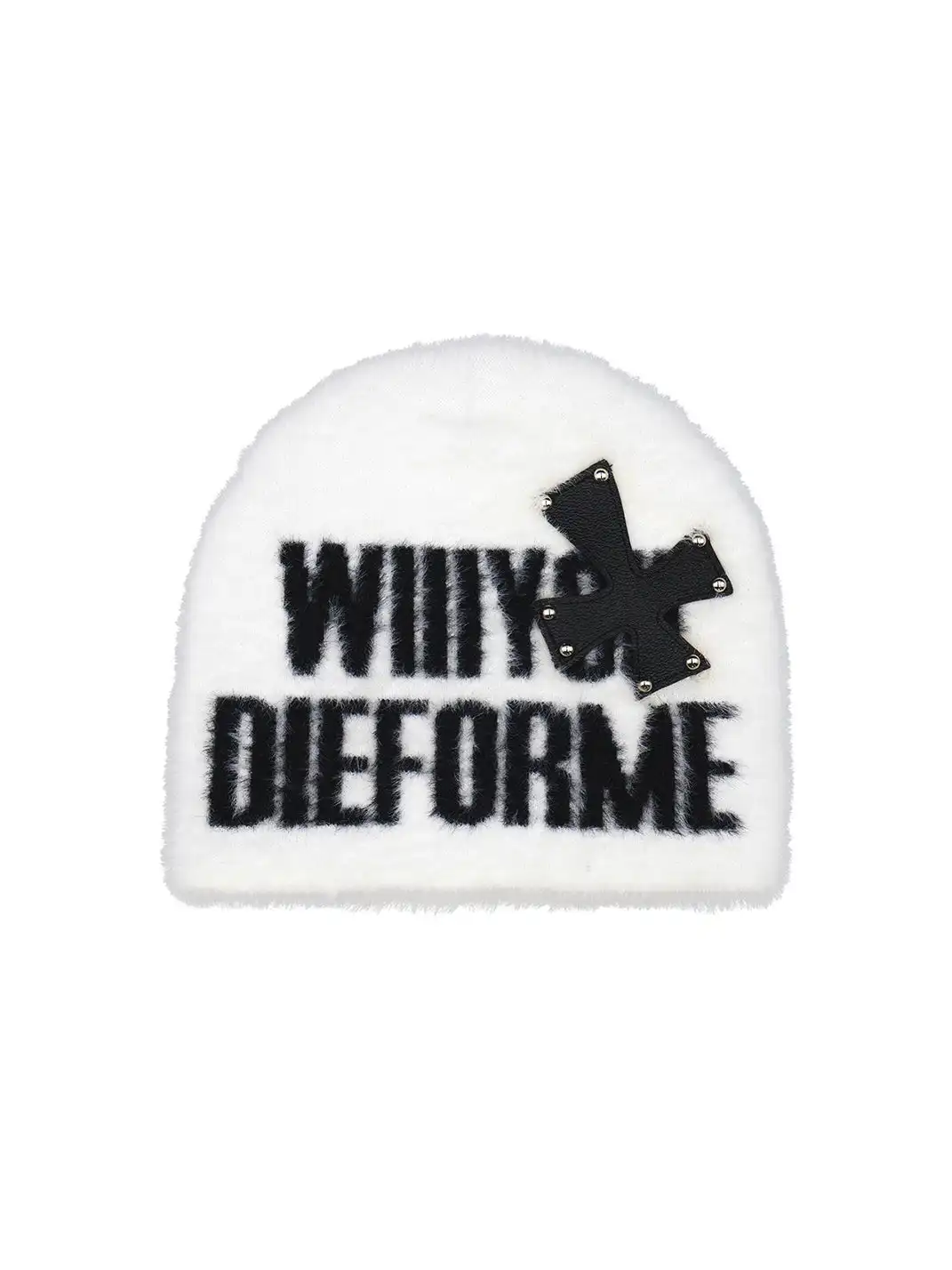 SEXXDEVIL | Studded Cross Leather Patch Jacquard Beanie