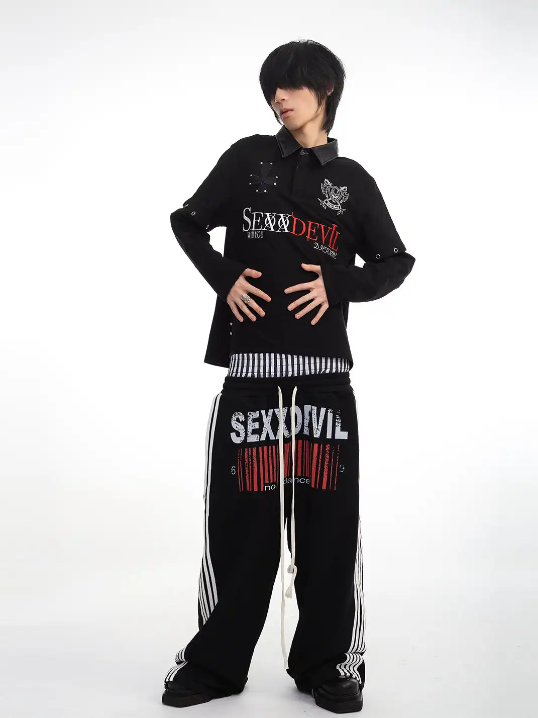 SEXXDEVIL | 3-Waist Layer 5-Stripe Embroidered Sweatpants