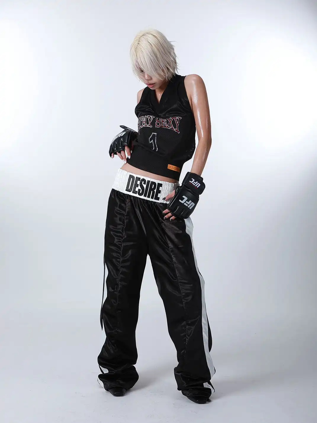 SEXXDEVIL | Rhinestone Letter Pleated Long Pants