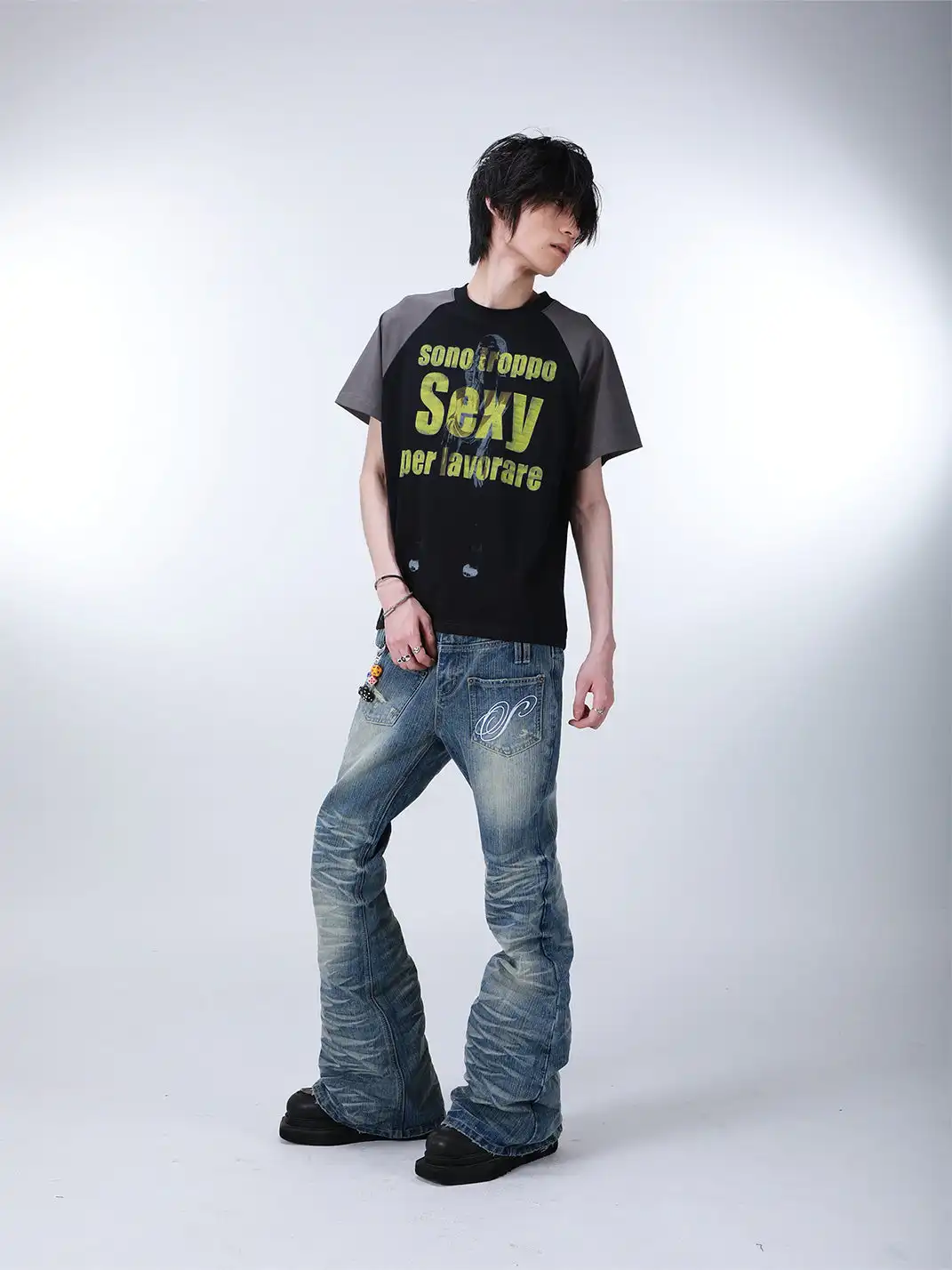 SEXXDEVIL | Washed Distressed Wavy Texture Bootcut Jeans