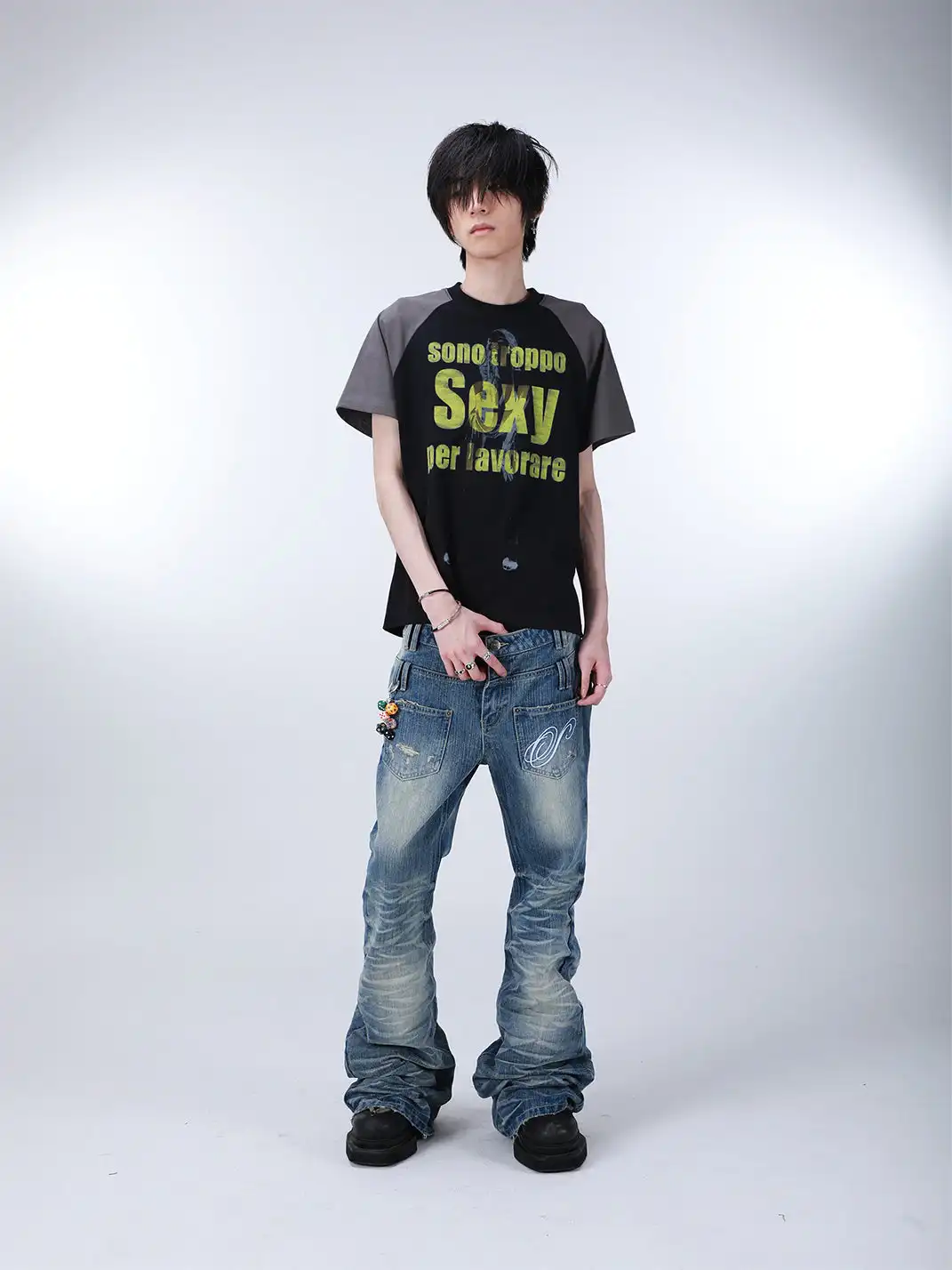 SEXXDEVIL | Washed Distressed Wavy Texture Bootcut Jeans