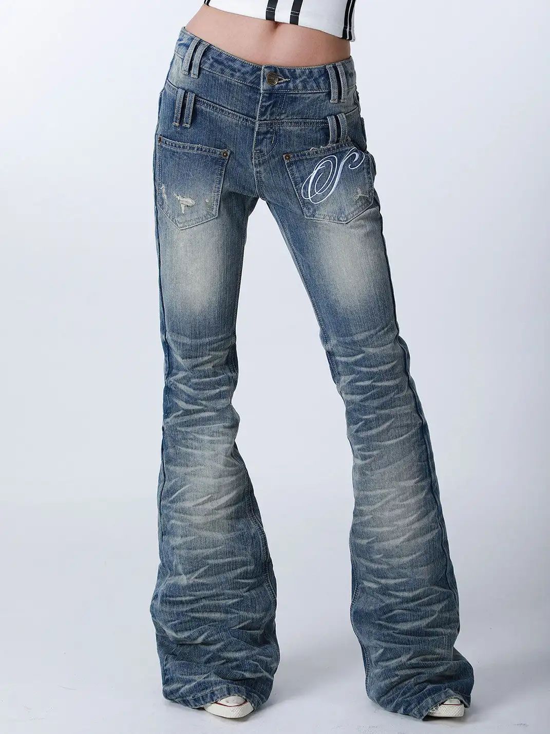 SEXXDEVIL | Washed Distressed Wavy Texture Bootcut Jeans