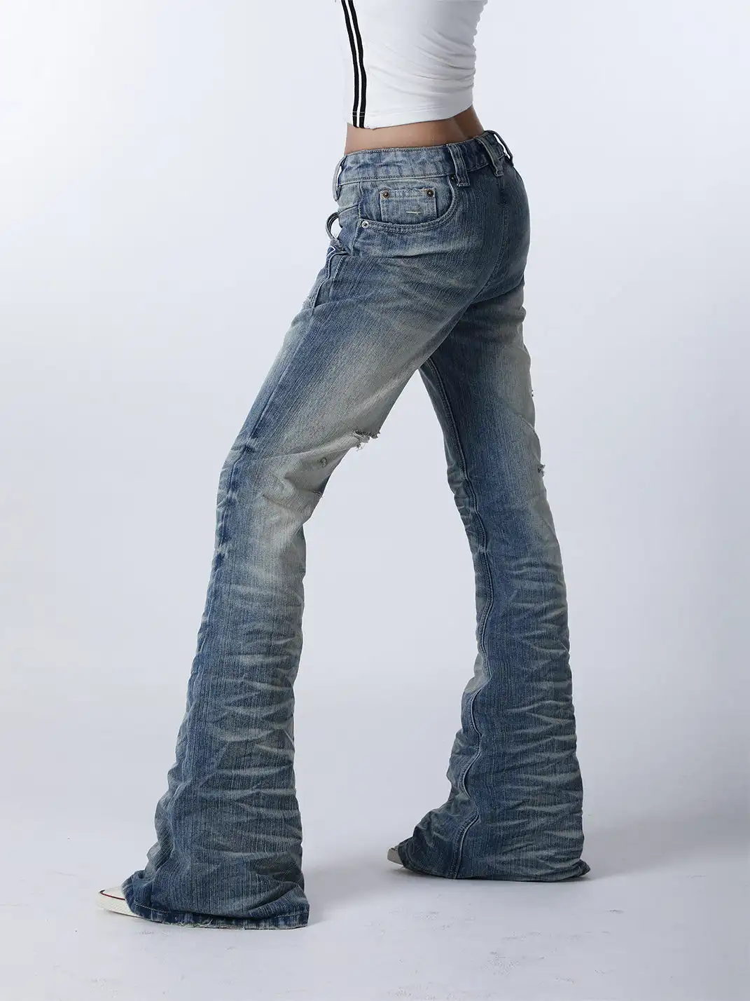 SEXXDEVIL | Washed Distressed Wavy Texture Bootcut Jeans