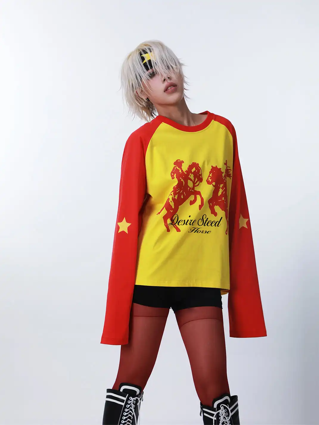 SEXXDEVIL | Digital Print Star Raglan Long Sleeve T-shirt-Red