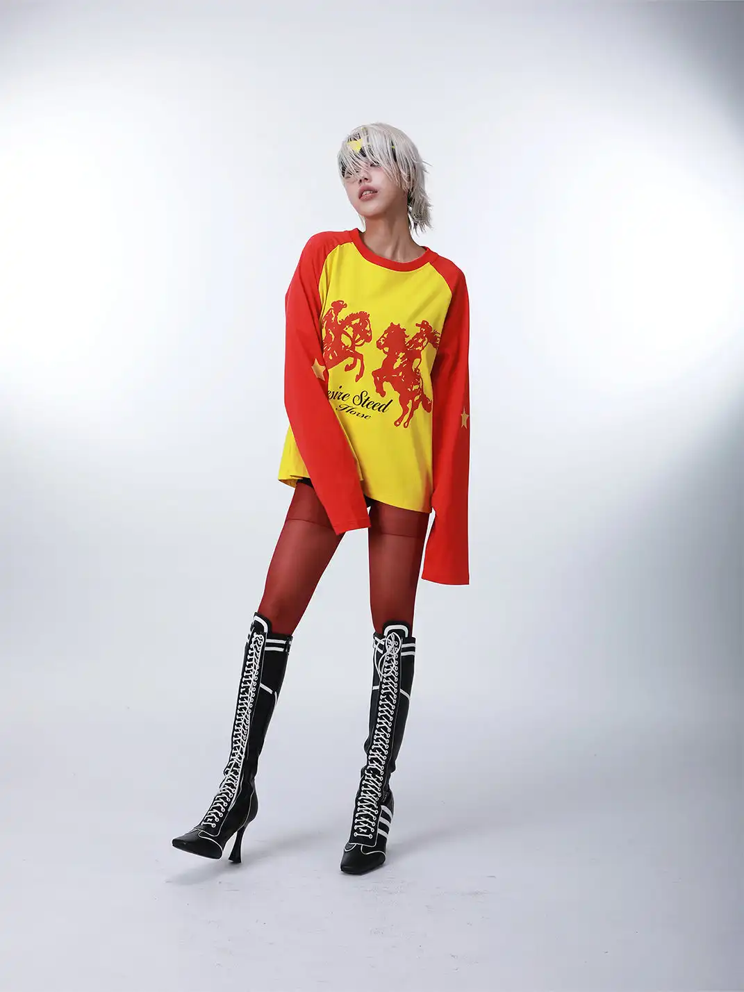 SEXXDEVIL | Digital Print Star Raglan Long Sleeve T-shirt-Red