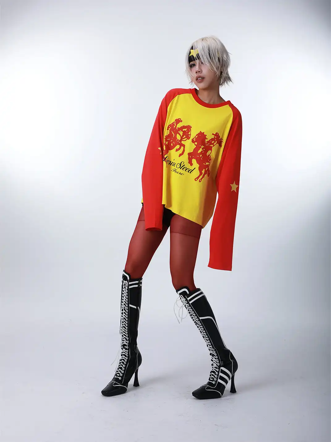 SEXXDEVIL | Digital Print Star Raglan Long Sleeve T-shirt-Red