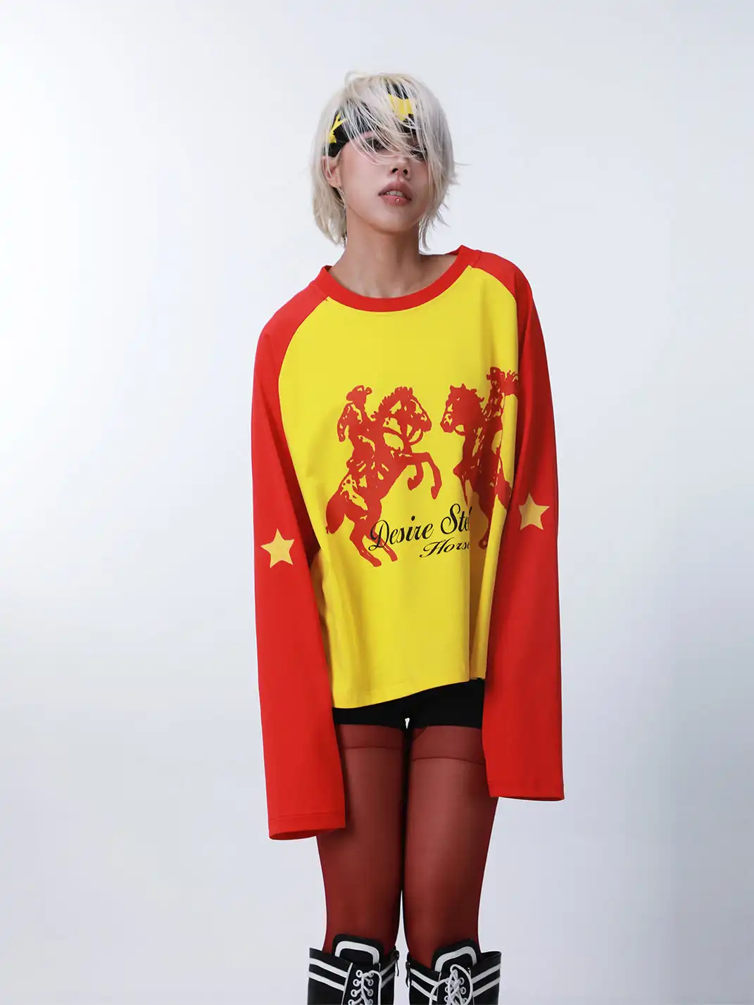 SEXXDEVIL | Digital Print Star Raglan Long Sleeve T-shirt-Red