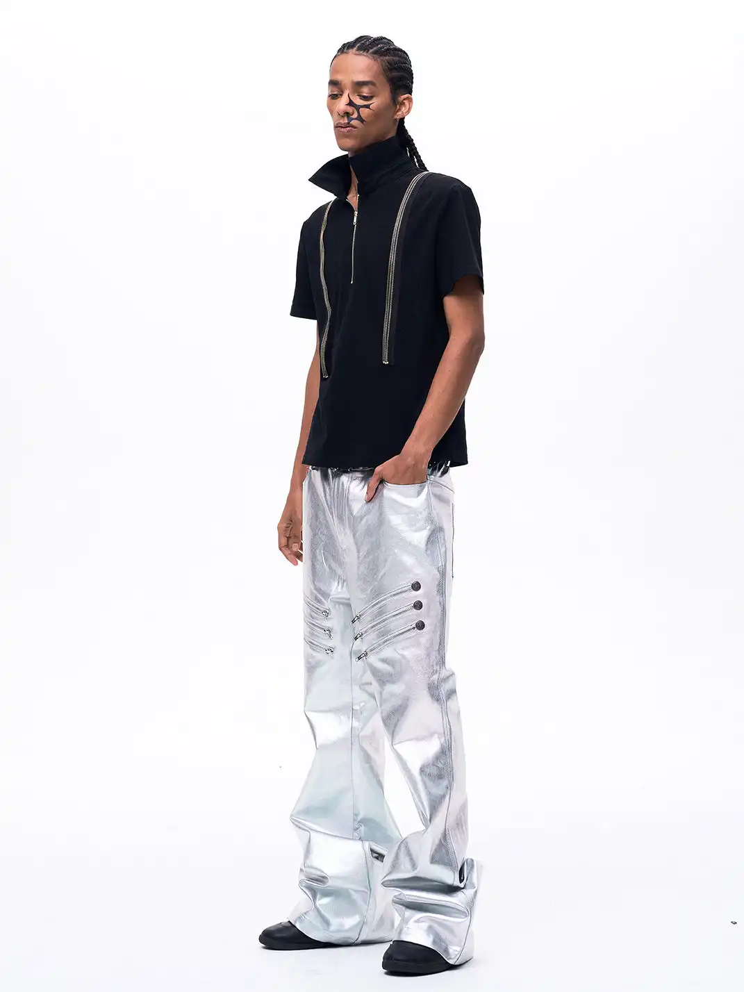 Fourth3ex | Liquid Metallic Silver Bootcut Jeans