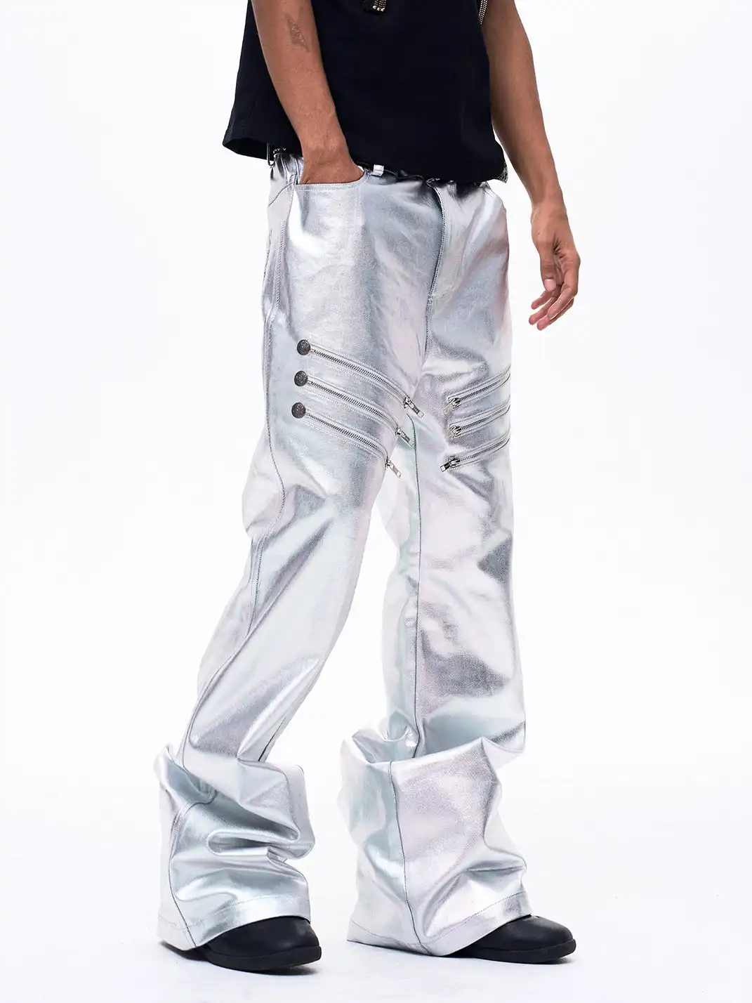 Fourth3ex | Liquid Metallic Silver Bootcut Jeans