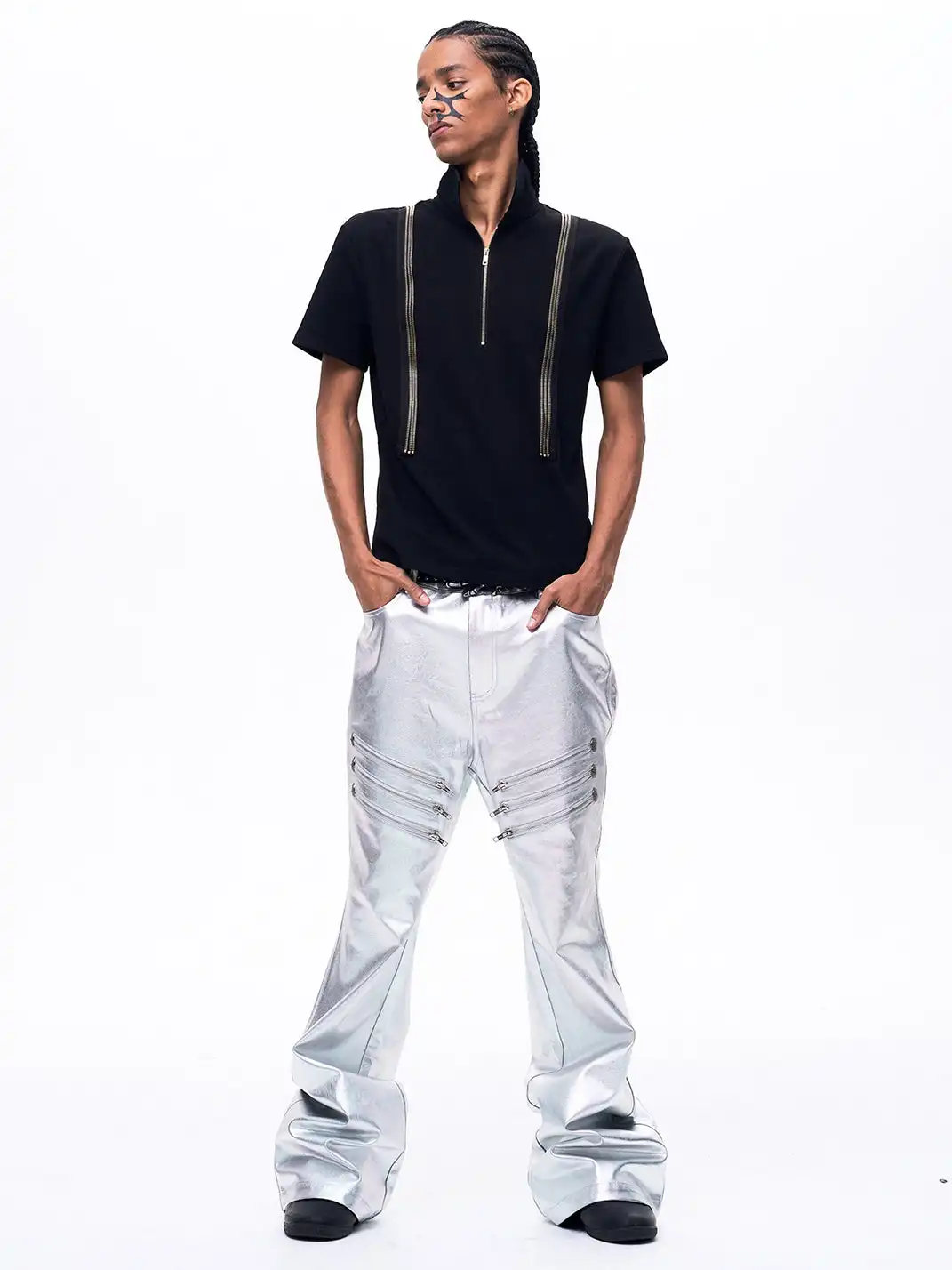 Fourth3ex | Liquid Metallic Silver Bootcut Jeans