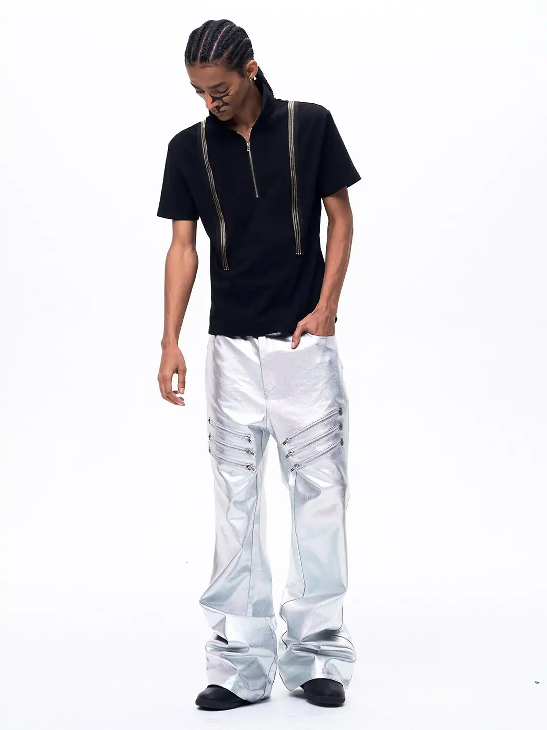 Fourth3ex | Liquid Metallic Silver Bootcut Jeans