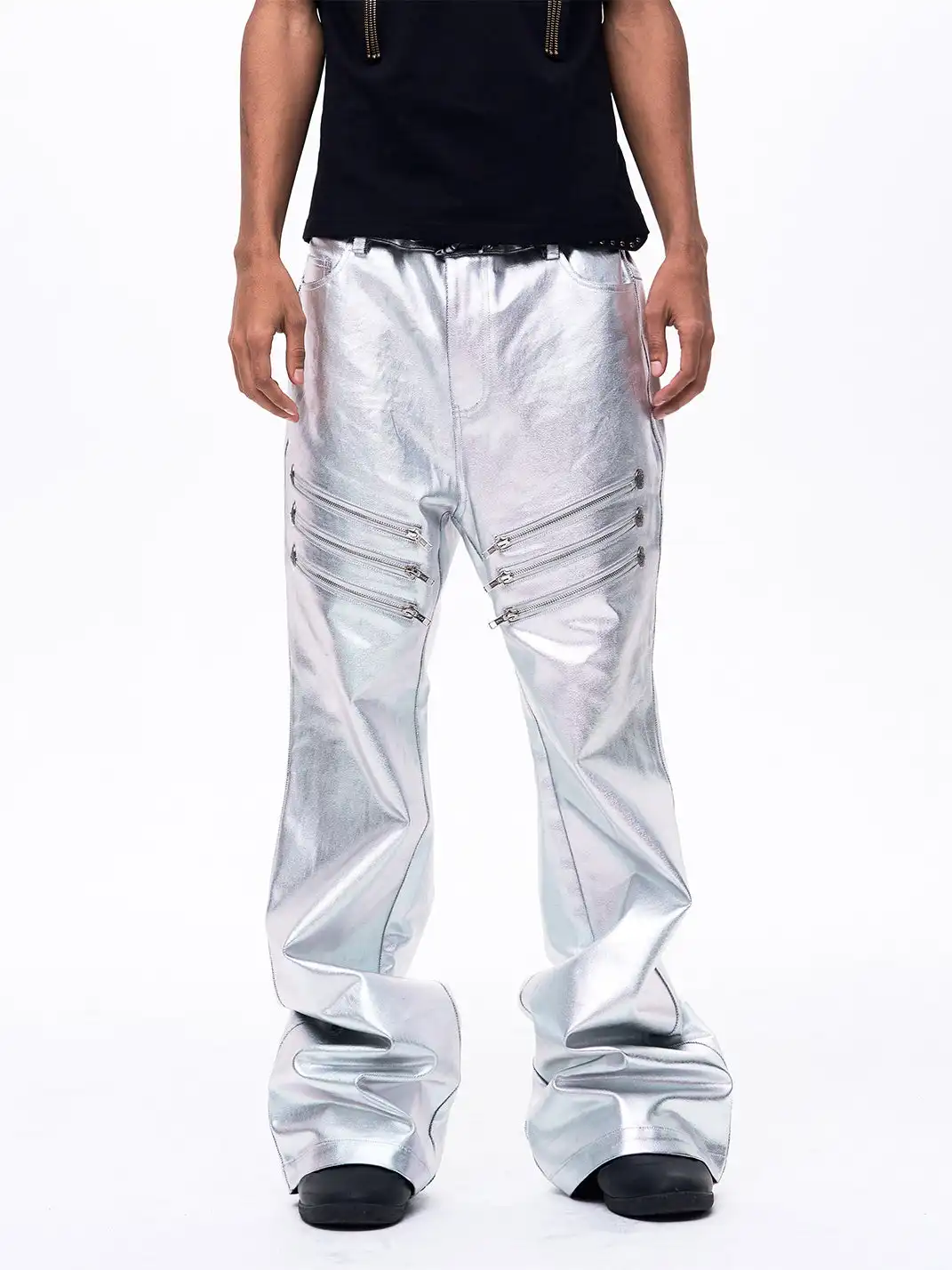 Fourth3ex | Liquid Metallic Silver Bootcut Jeans