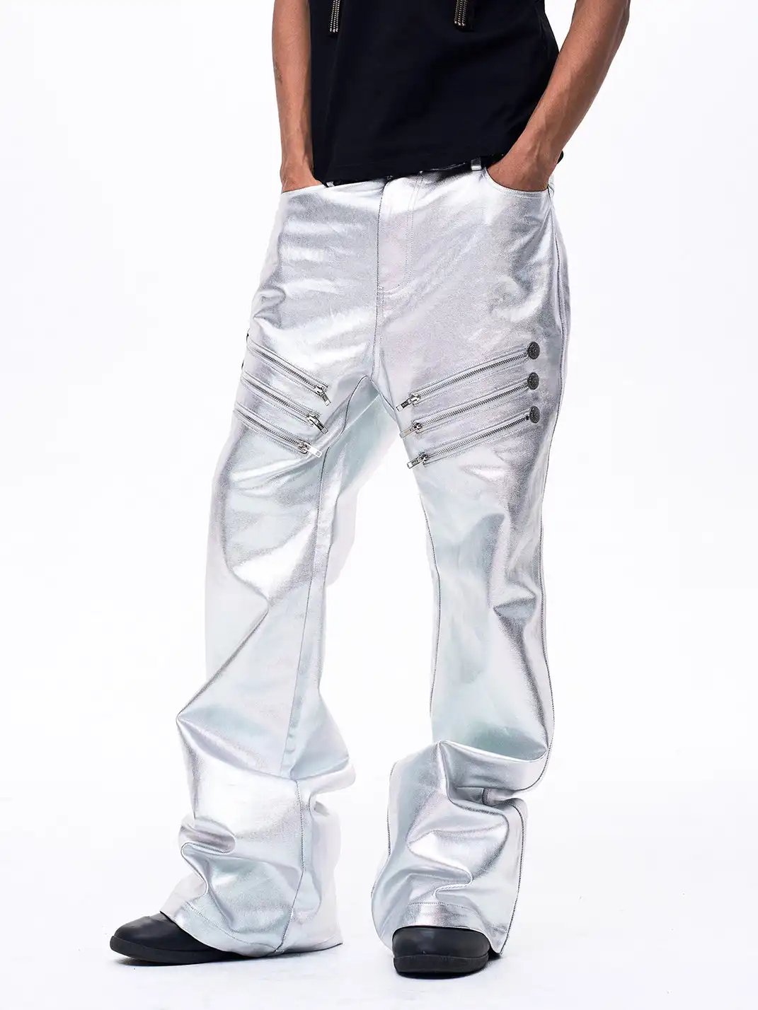 Fourth3ex | Liquid Metallic Silver Bootcut Jeans