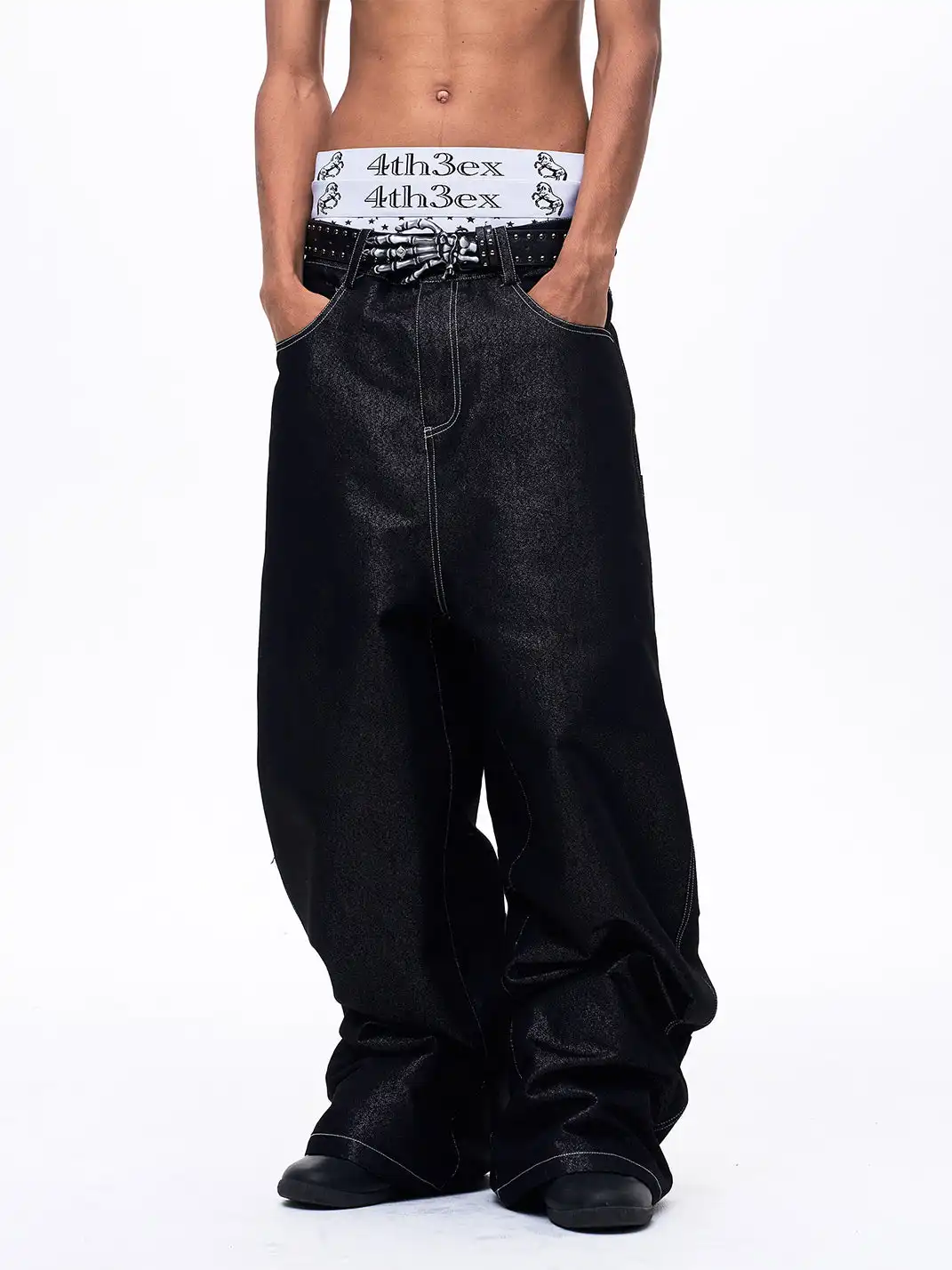 Fourth3ex | Multi-Pocket Silver Thread Raw Denim Jeans