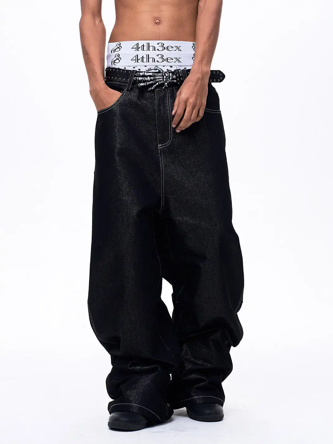 Fourth3ex | Multi-Pocket Silver Thread Raw Denim Jeans