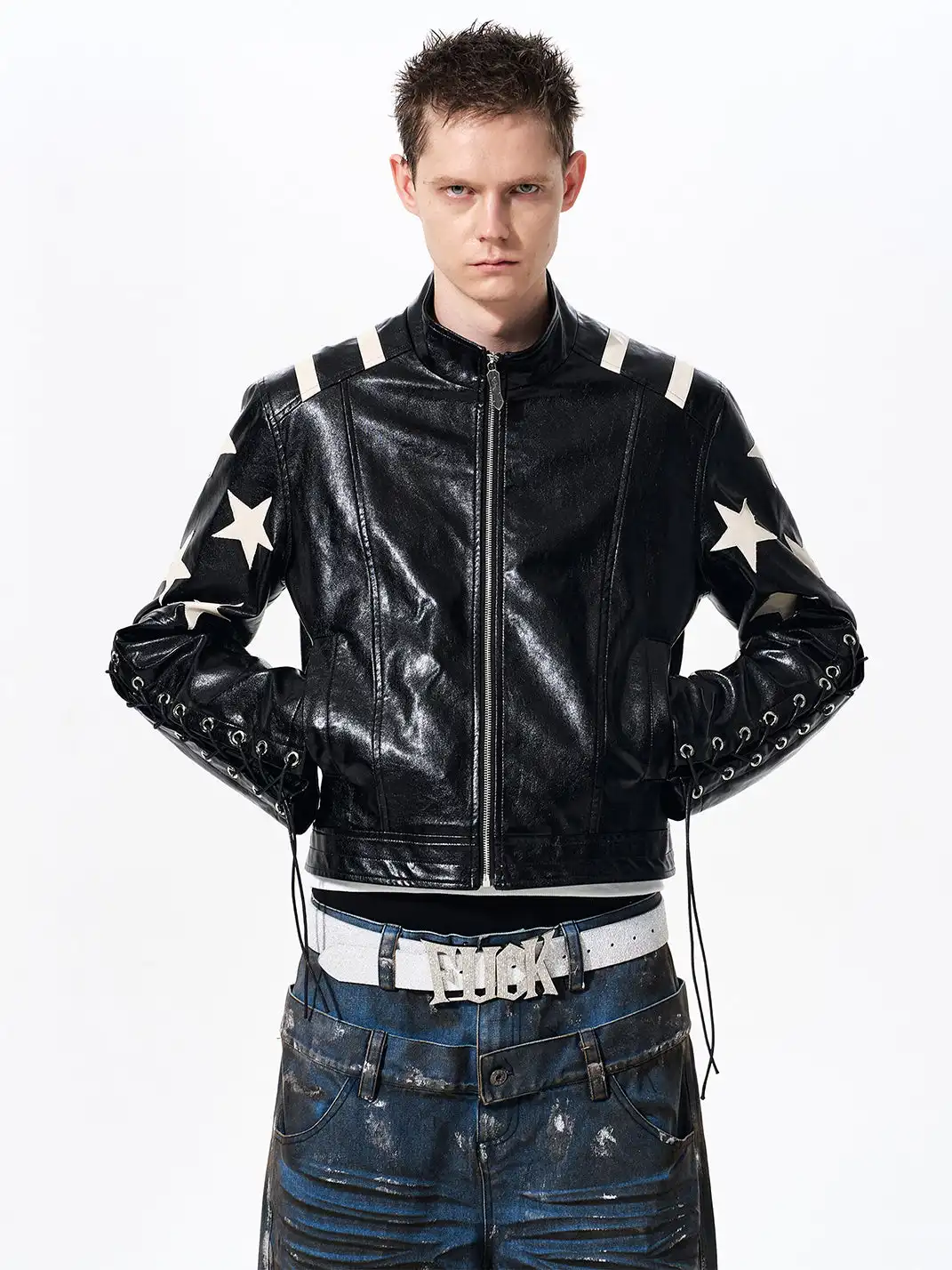 Fourth3ex | Star Print Cropped Faux Leather Jacket