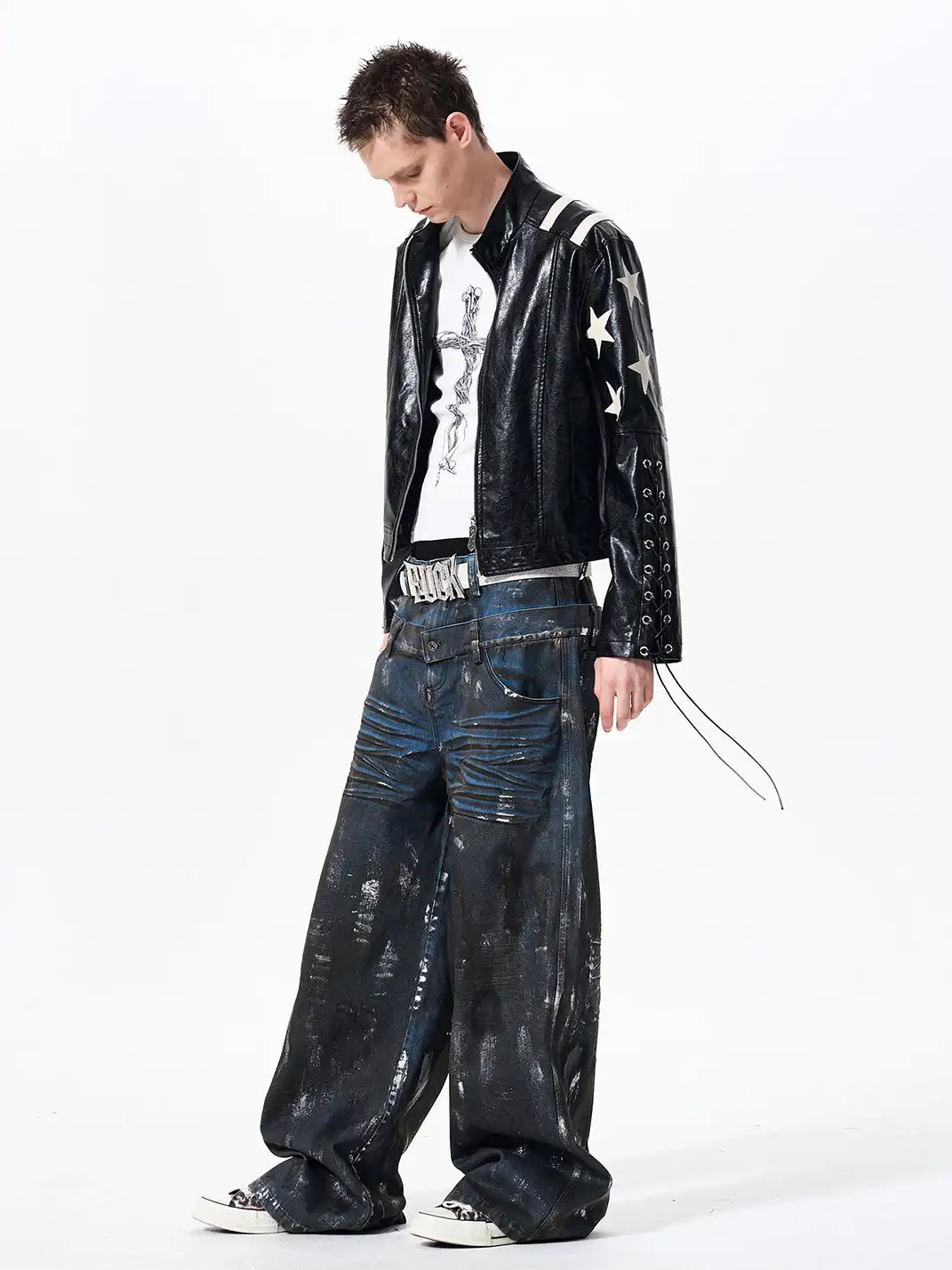 Fourth3ex | Star Print Cropped Faux Leather Jacket