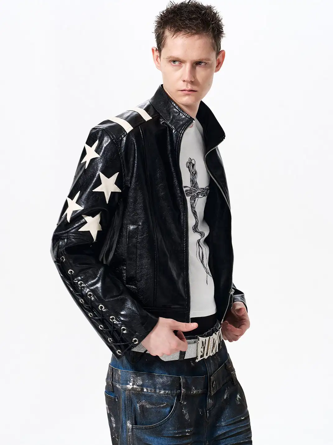 Fourth3ex | Star Print Cropped Faux Leather Jacket