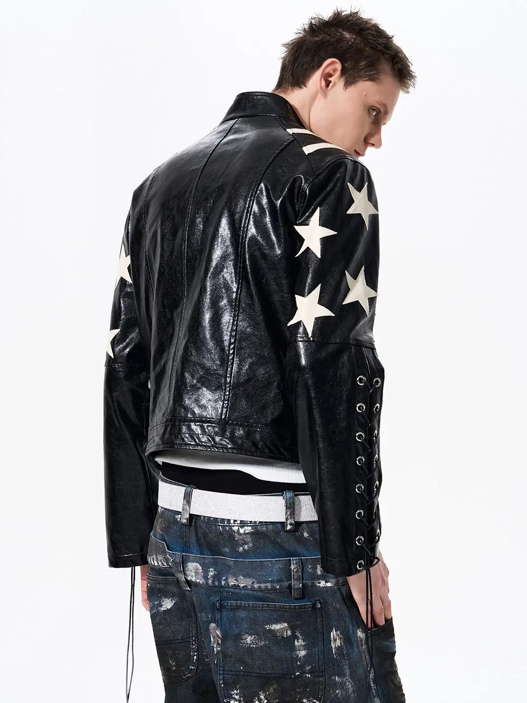 Fourth3ex | Star Print Cropped Faux Leather Jacket