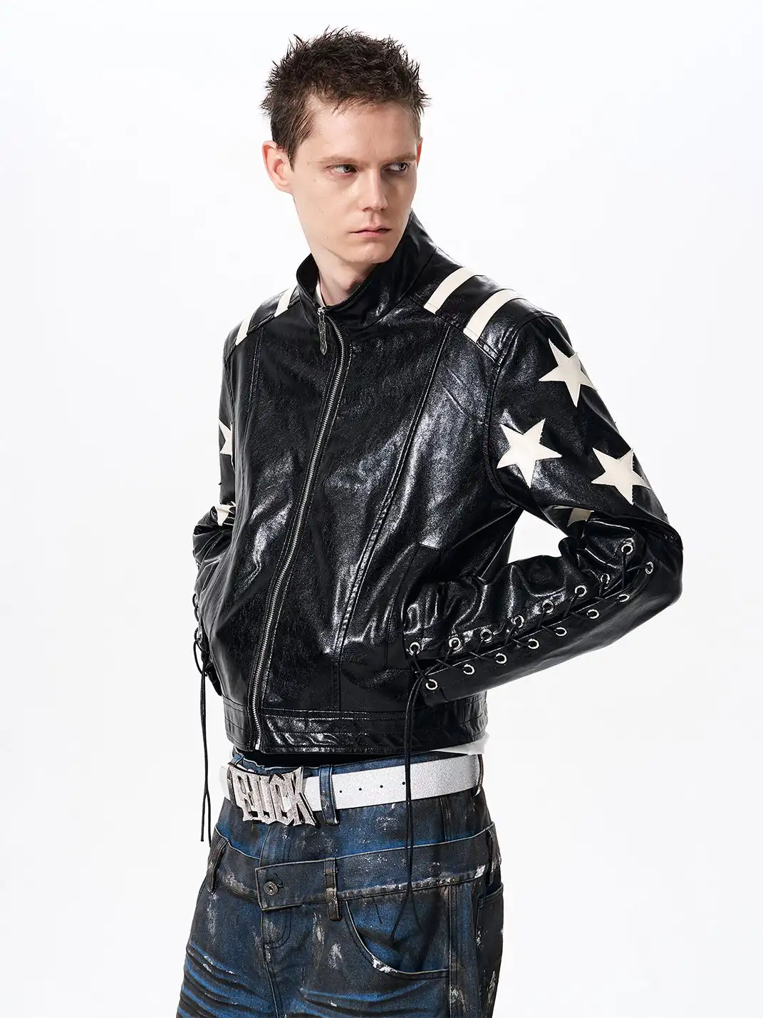 Fourth3ex | Star Print Cropped Faux Leather Jacket