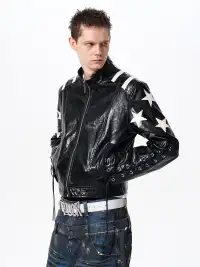Fourth3ex | Star Print Cropped Faux Leather Jacket