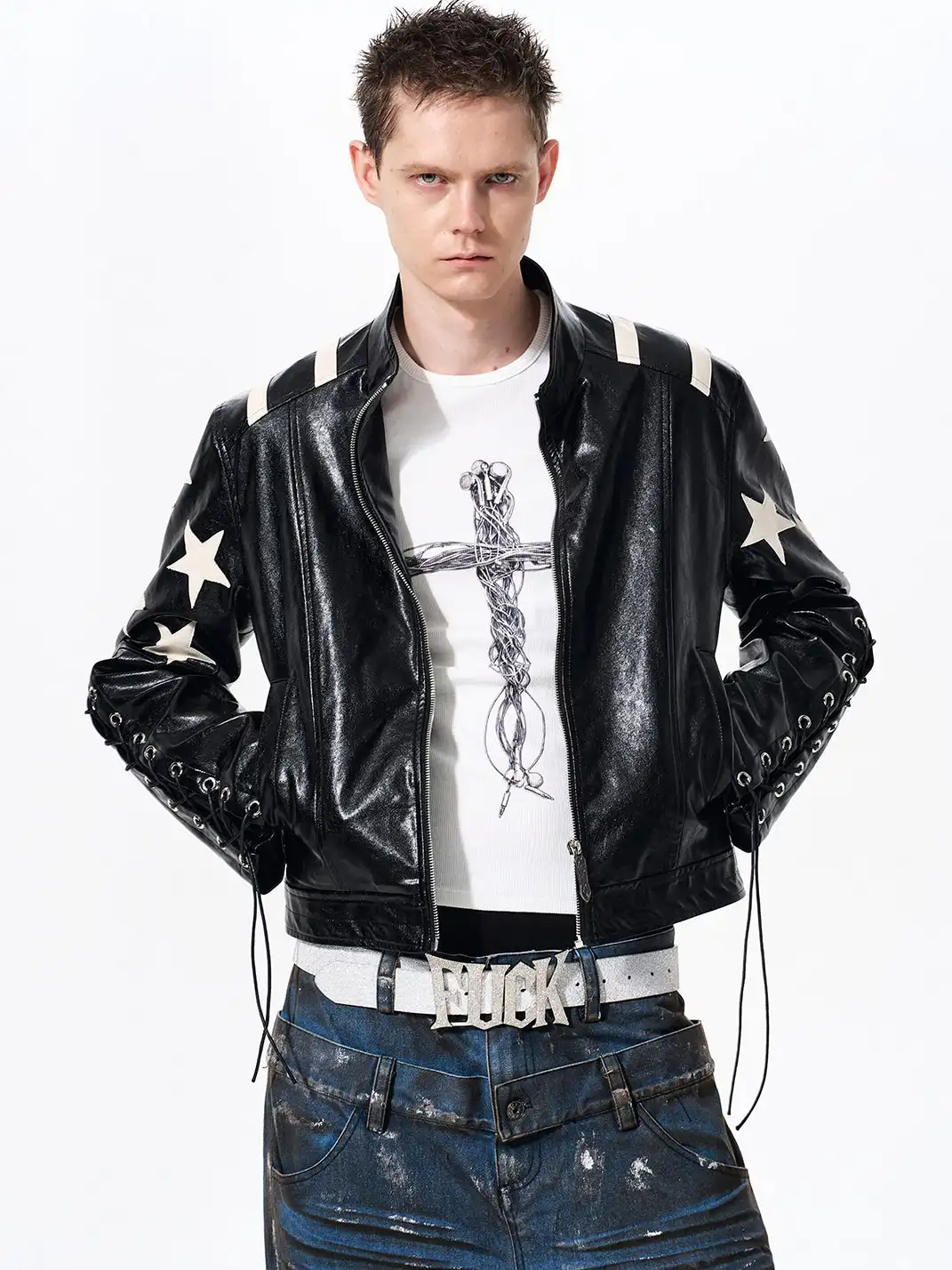 Fourth3ex | Star Print Cropped Faux Leather Jacket