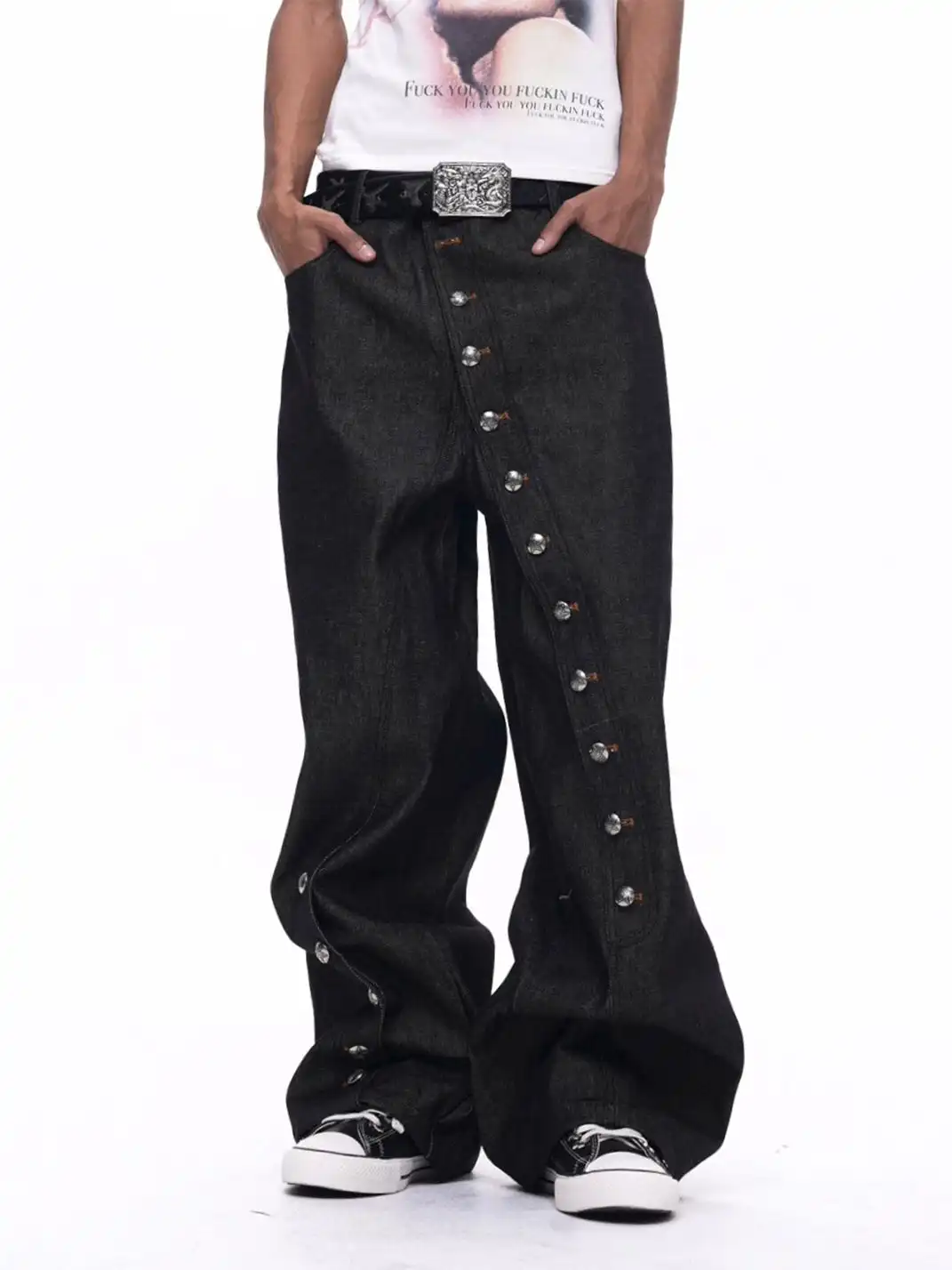 Fourth3ex | Asymmetric Button Fly Raw Denim Jeans