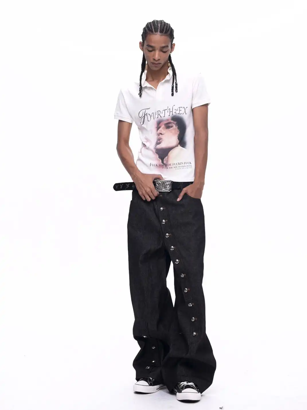 Fourth3ex | Asymmetric Button Fly Raw Denim Jeans