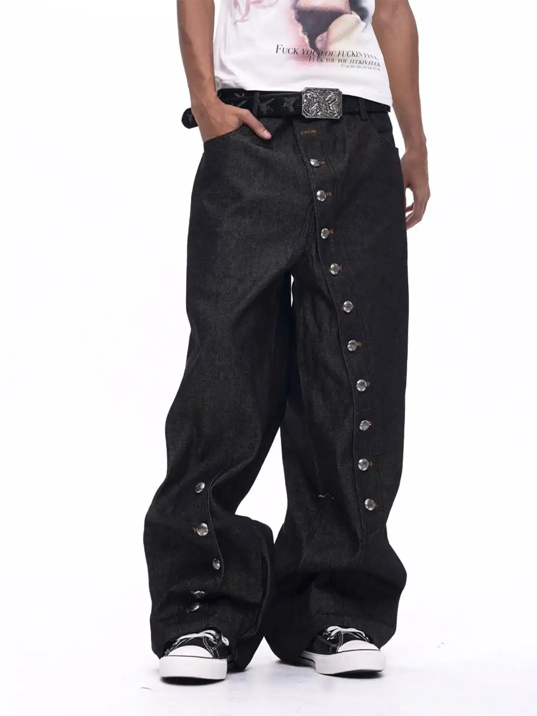 Fourth3ex | Asymmetric Button Fly Raw Denim Jeans