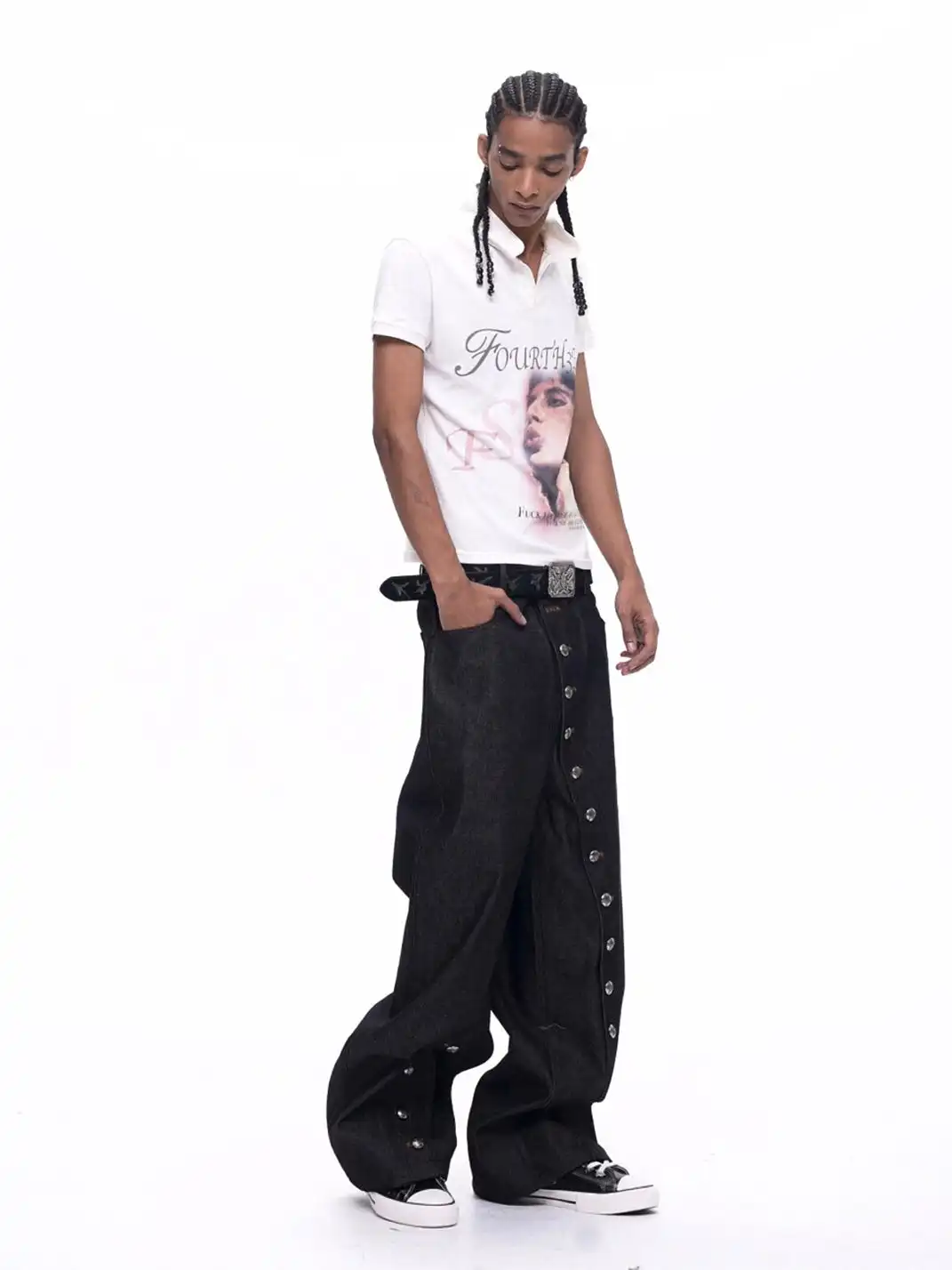 Fourth3ex | Asymmetric Button Fly Raw Denim Jeans
