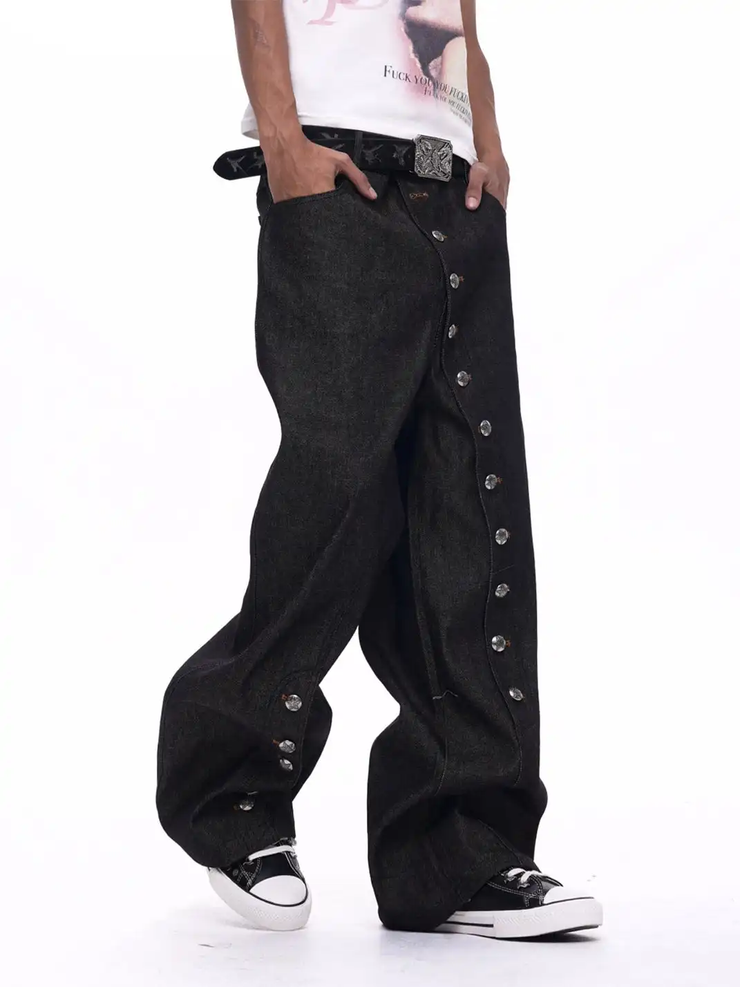 Fourth3ex | Asymmetric Button Fly Raw Denim Jeans