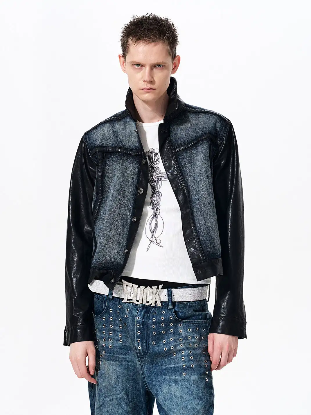 Fourth3ex | Cropped Denim Leather Panel Jacket