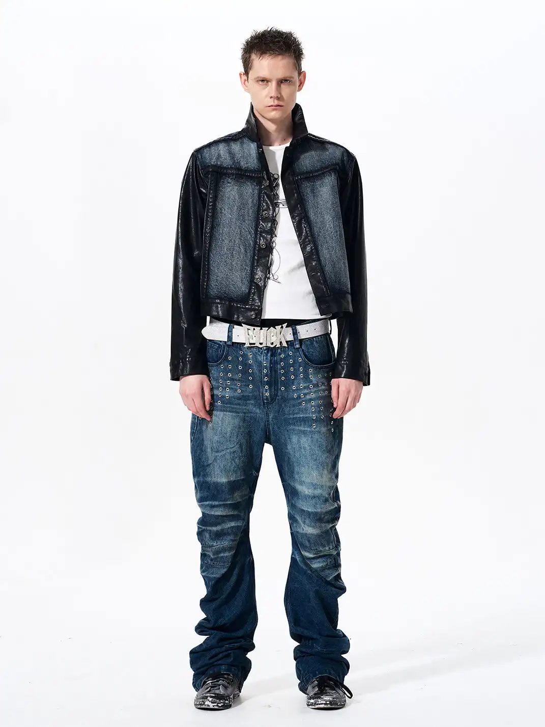 Fourth3ex | Cropped Denim Leather Panel Jacket