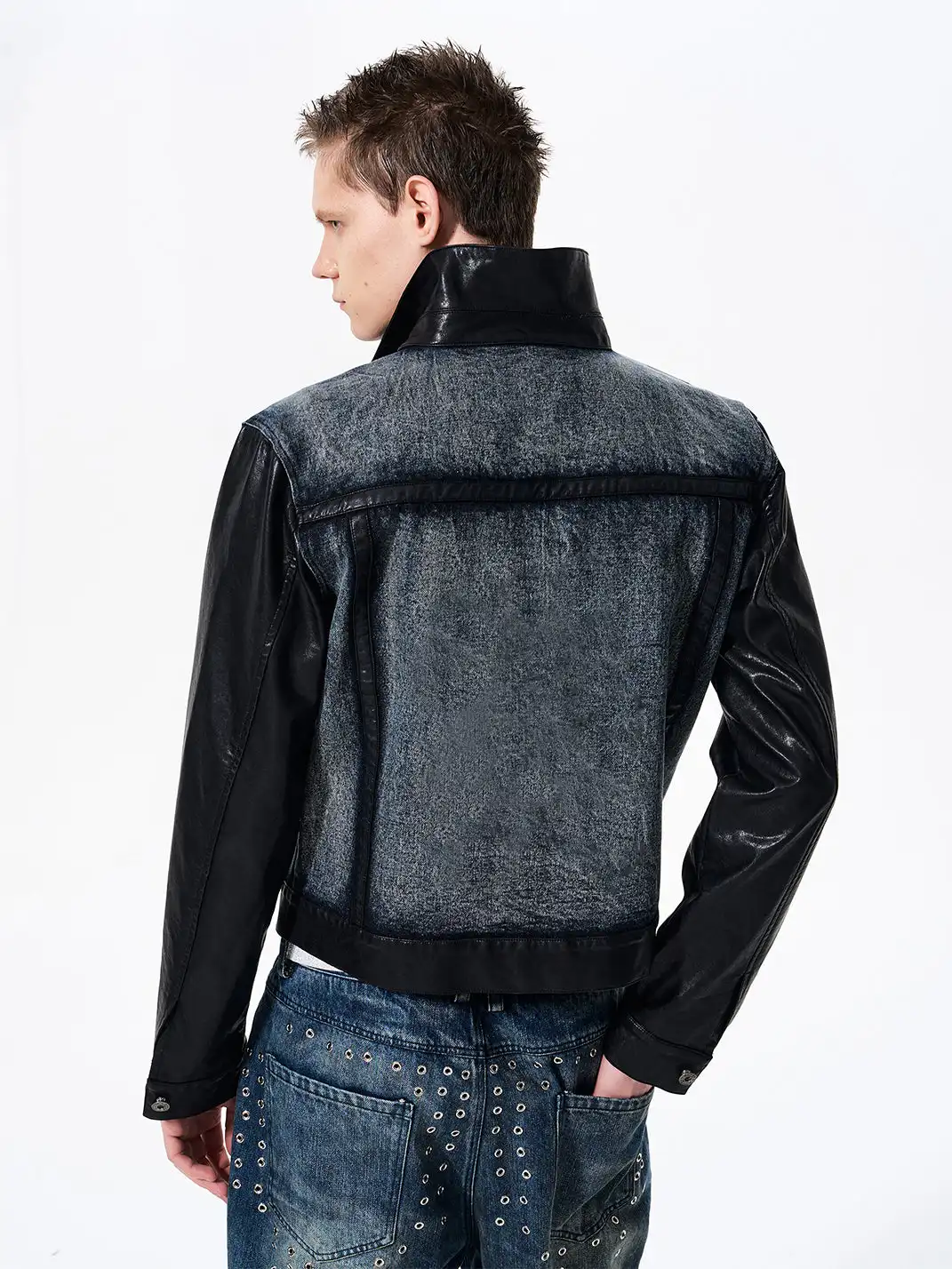 Fourth3ex | Cropped Denim Leather Panel Jacket