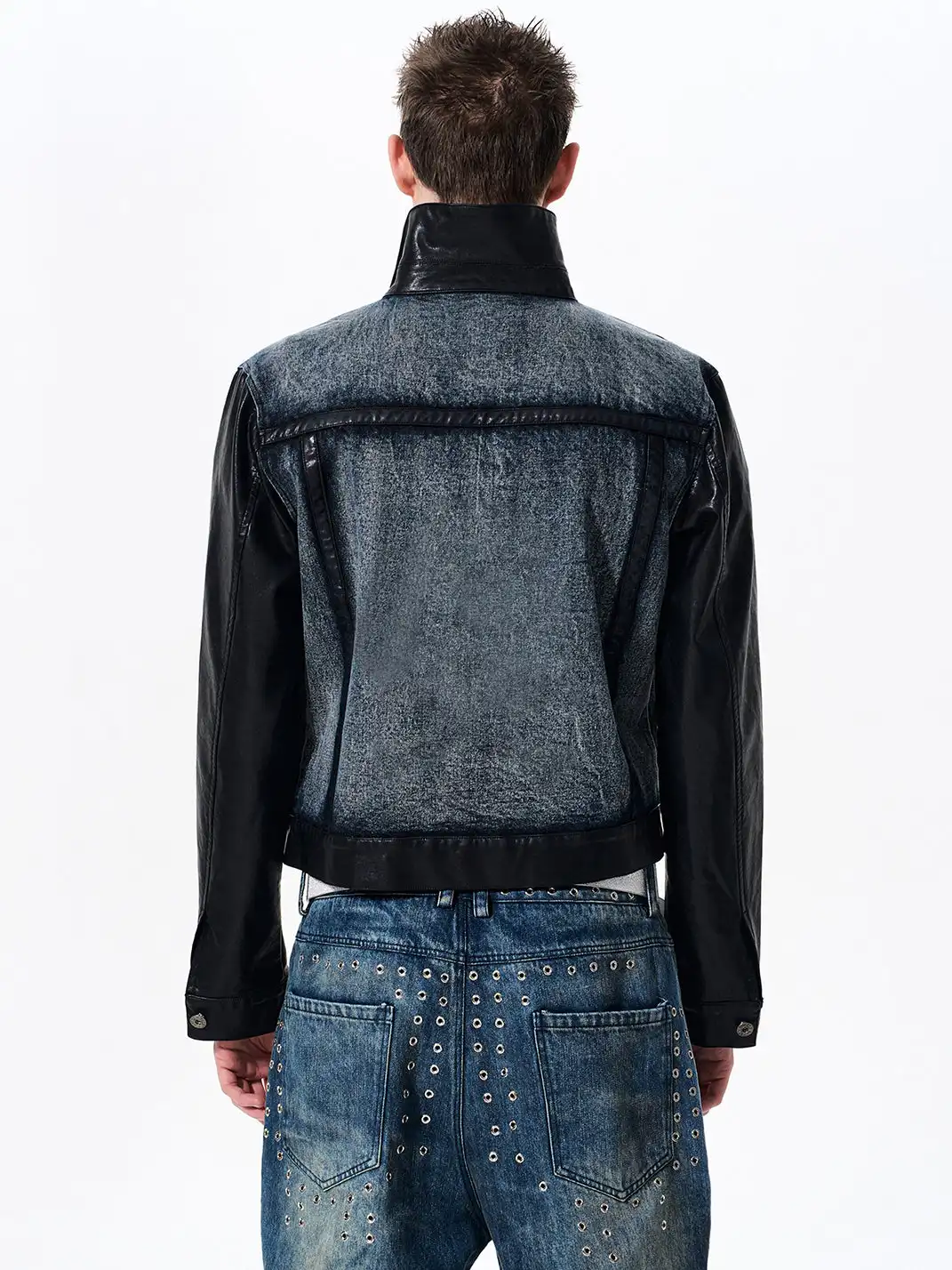 Fourth3ex | Cropped Denim Leather Panel Jacket