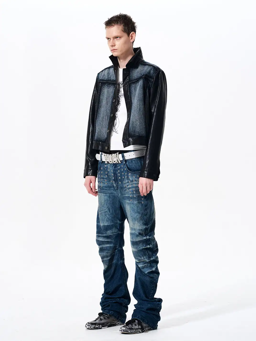 Fourth3ex | Cropped Denim Leather Panel Jacket