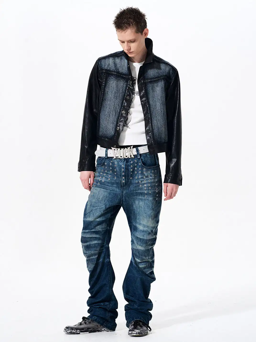 Fourth3ex | Cropped Denim Leather Panel Jacket
