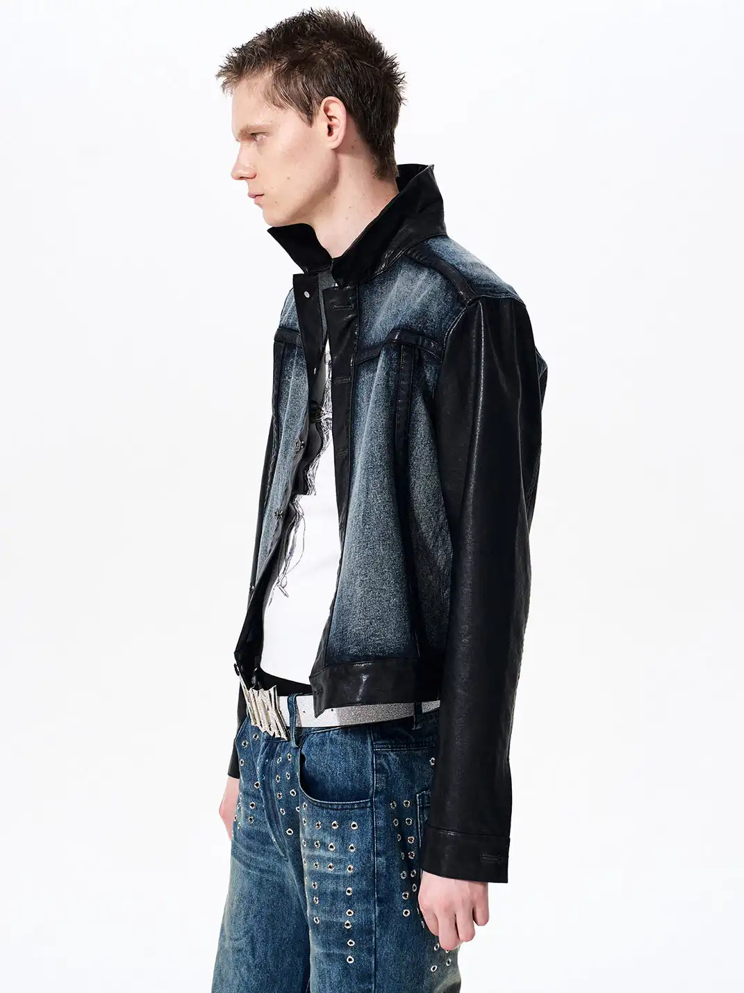 Fourth3ex | Cropped Denim Leather Panel Jacket