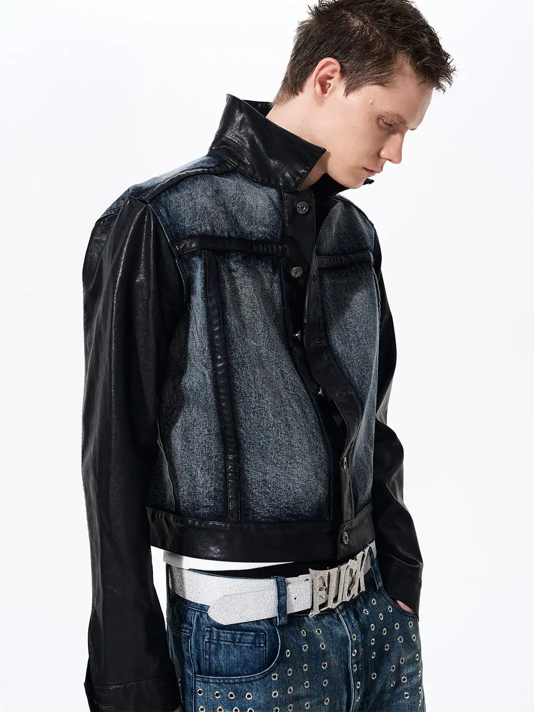 Fourth3ex | Cropped Denim Leather Panel Jacket