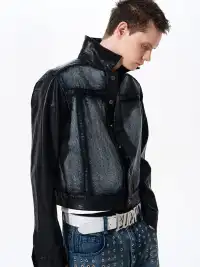 Fourth3ex | Cropped Denim Leather Panel Jacket