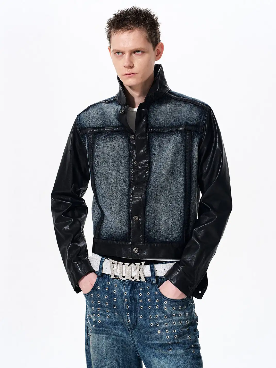 Fourth3ex | Cropped Denim Leather Panel Jacket