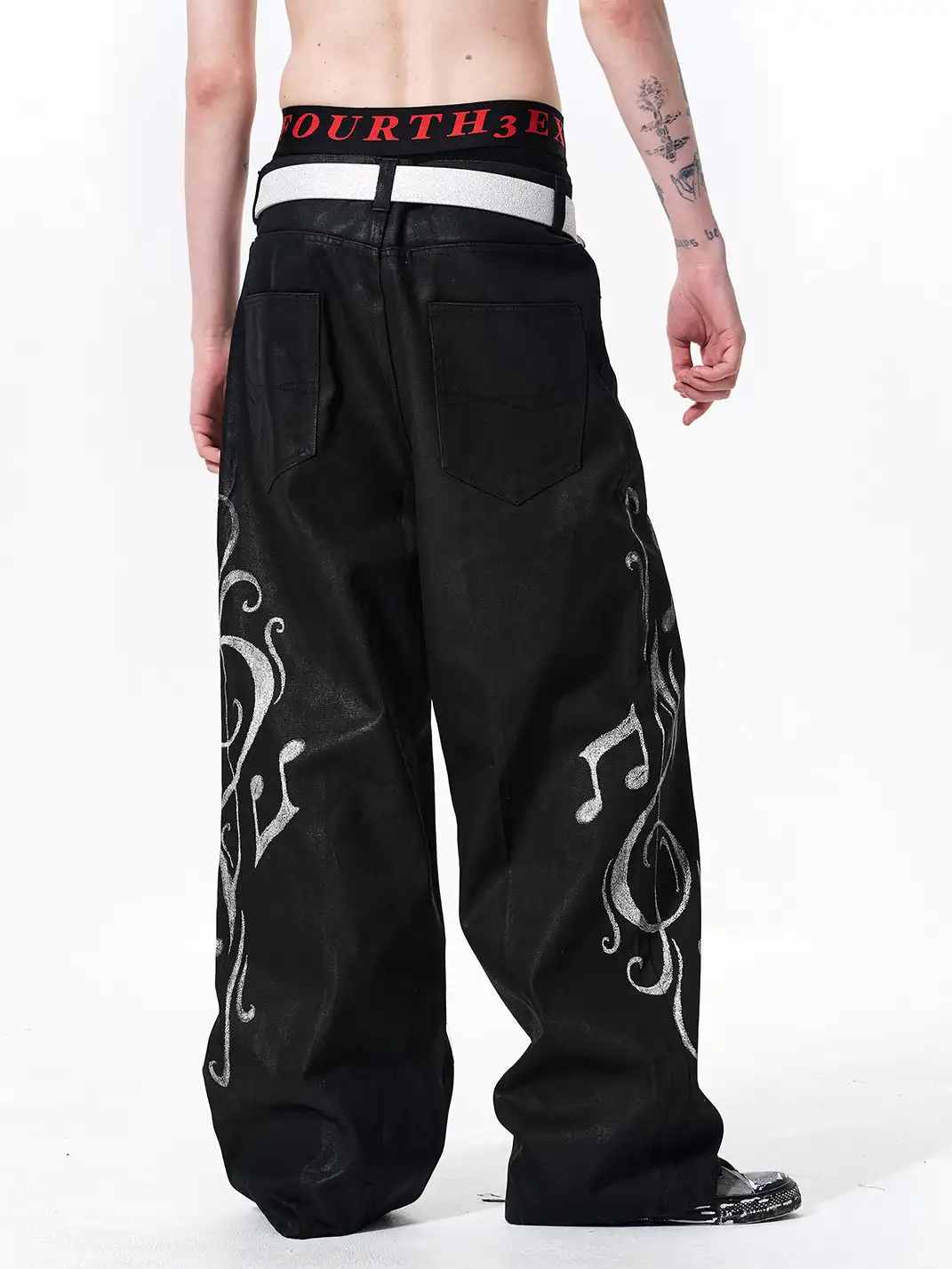 Fourth3ex | Heavy Wax Coated Musical Note Print Jeans