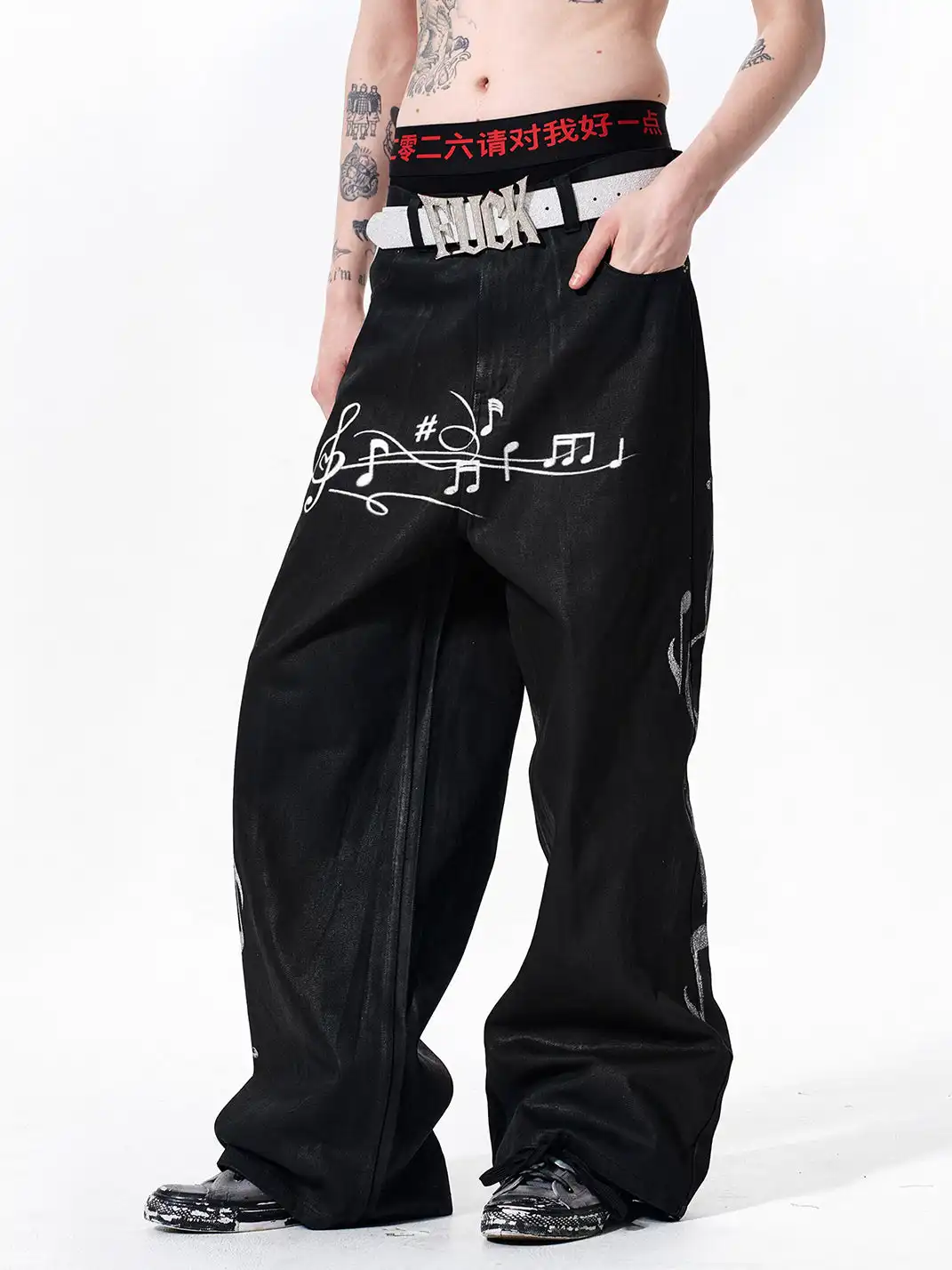 Fourth3ex | Heavy Wax Coated Musical Note Print Jeans