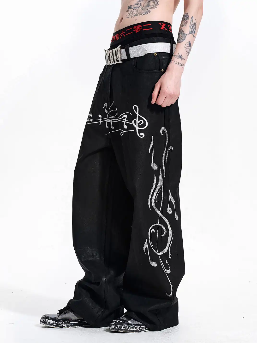 Fourth3ex | Heavy Wax Coated Musical Note Print Jeans