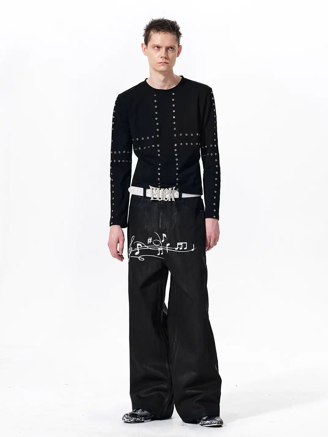Fourth3ex | Heavy Wax Coated Musical Note Print Jeans