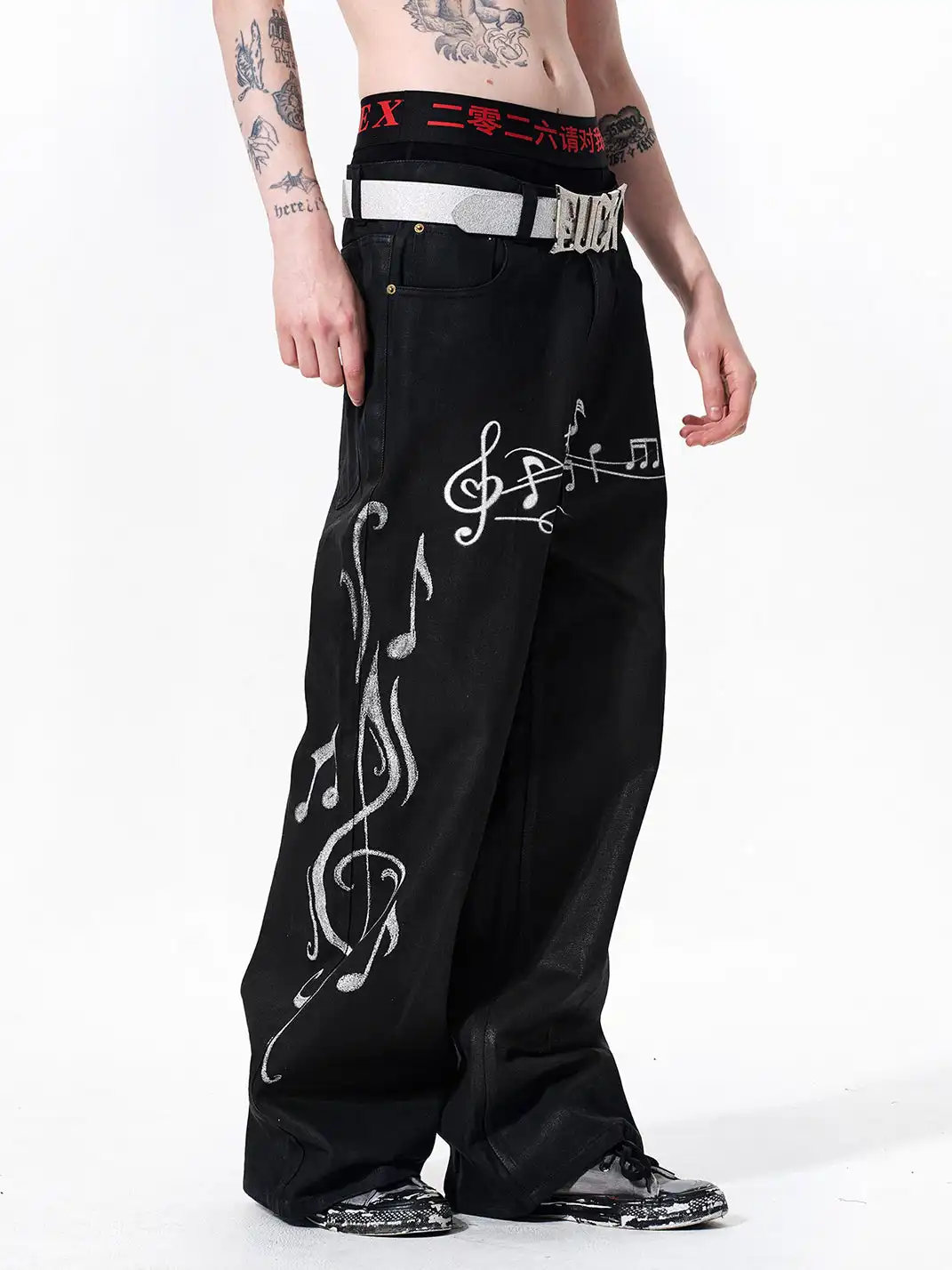 Fourth3ex | Heavy Wax Coated Musical Note Print Jeans