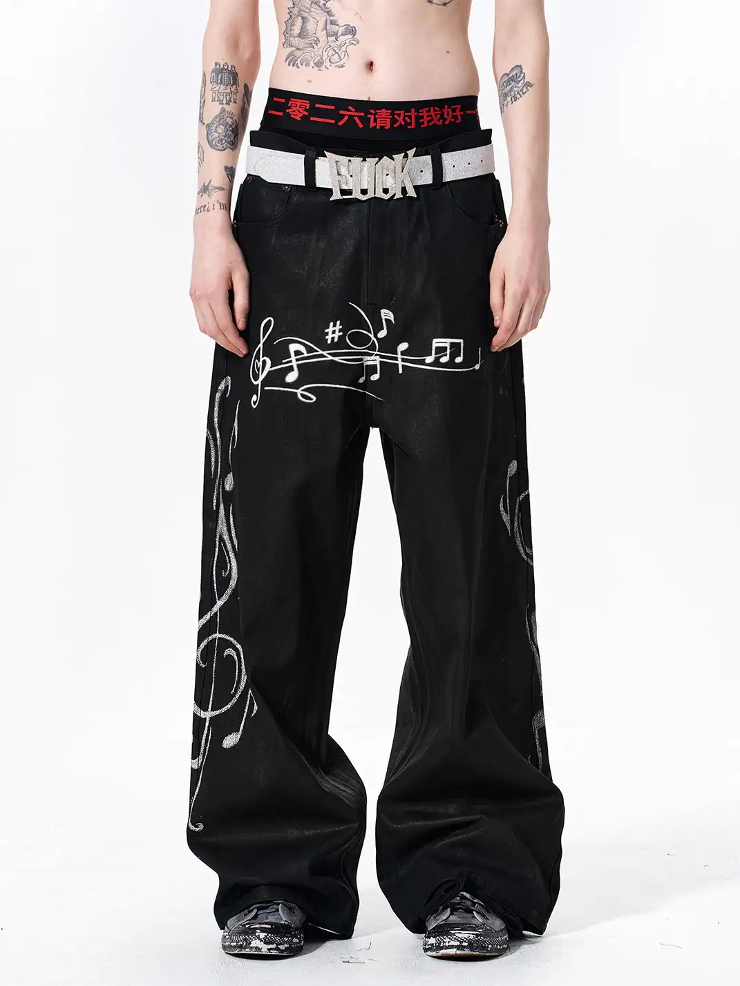 Fourth3ex | Heavy Wax Coated Musical Note Print Jeans