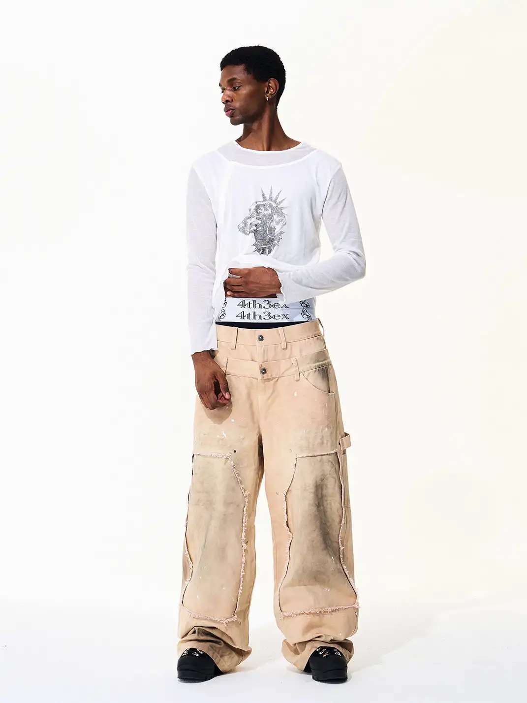 Fourth3ex | Destroyed Double Waistband Jeans