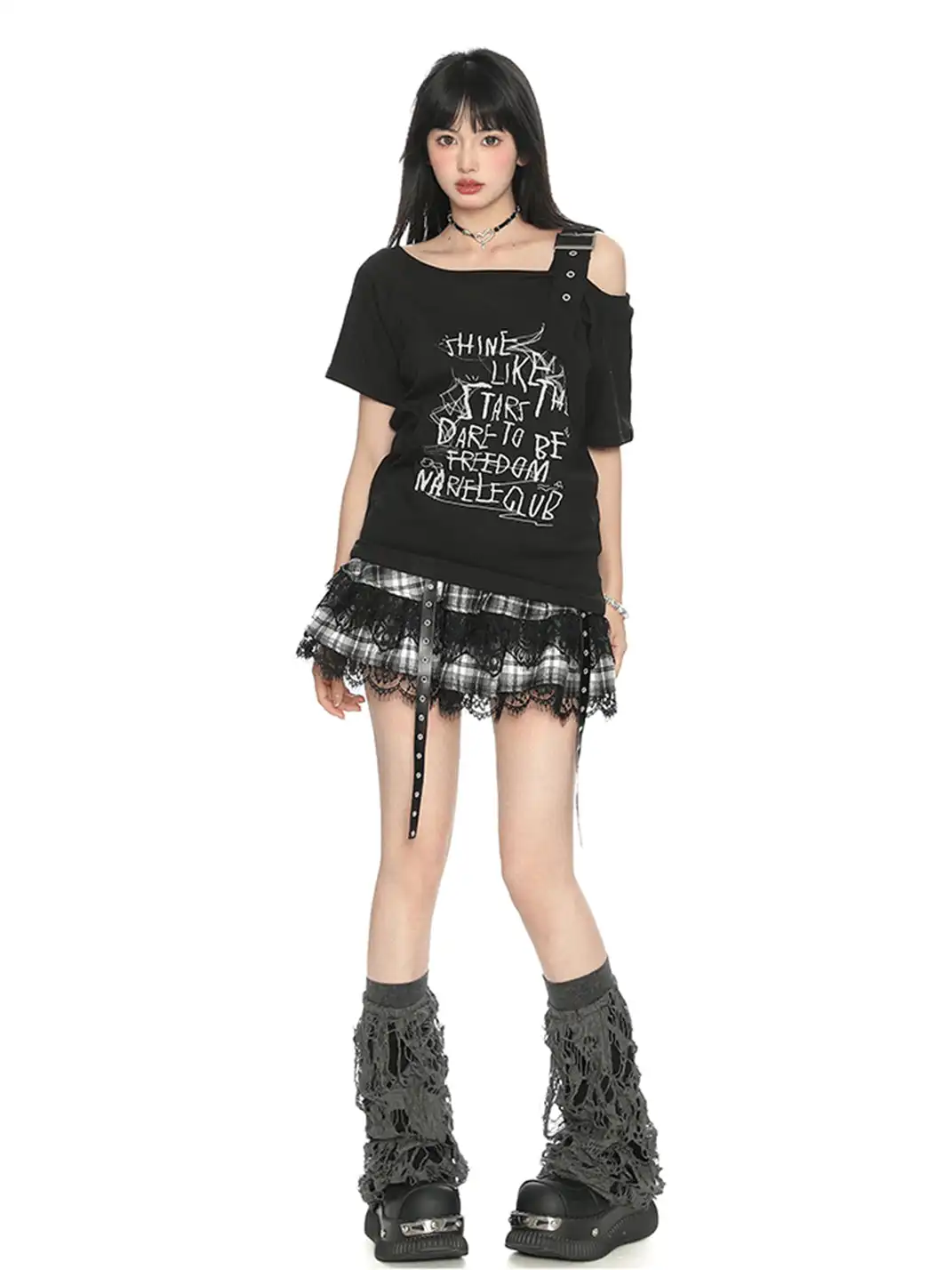 BIGGOLD | Letter Graffiti One-Shoulder Strap Short Sleeve T-Shirt