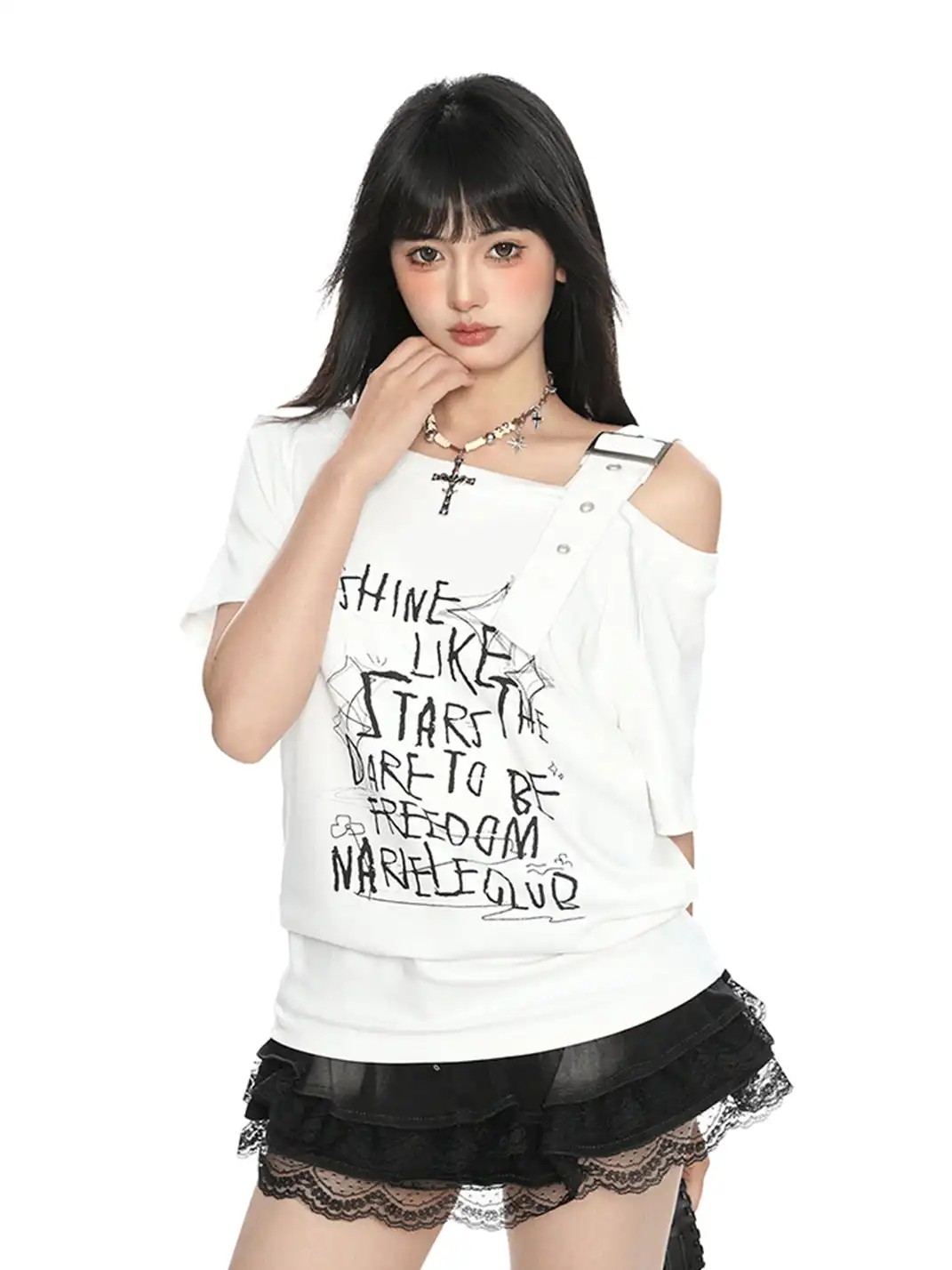 BIGGOLD | Letter Graffiti One-Shoulder Strap Short Sleeve T-Shirt